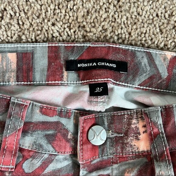 Monika Chiang Geometric Moto Skinny Pants Women's 25 Low Rise Ankle Zip Gray Red - Picture 6 of 7